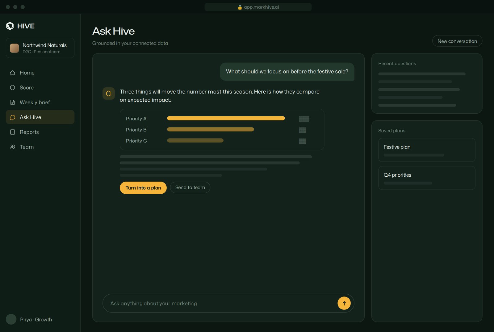 Ask Hive, the AI Marketer, answering a planning question for a sample brand