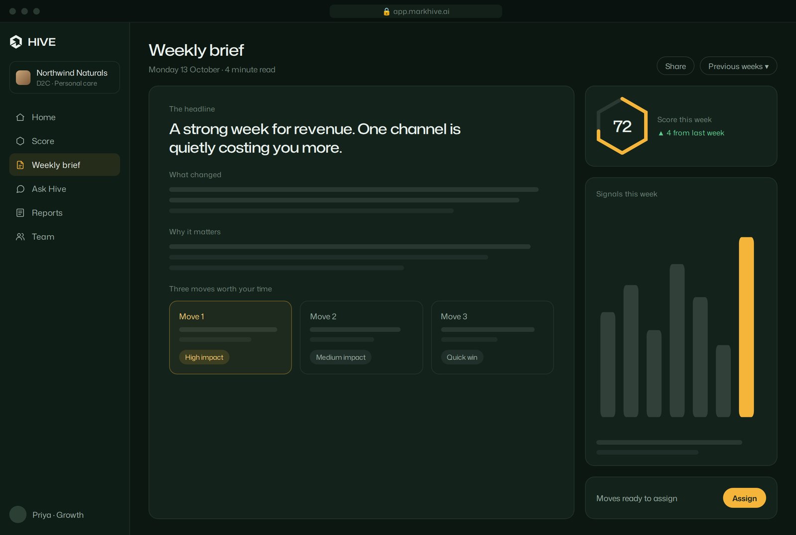 Hive weekly brief for a sample brand: the headline, what changed, why it matters and three moves worth your time